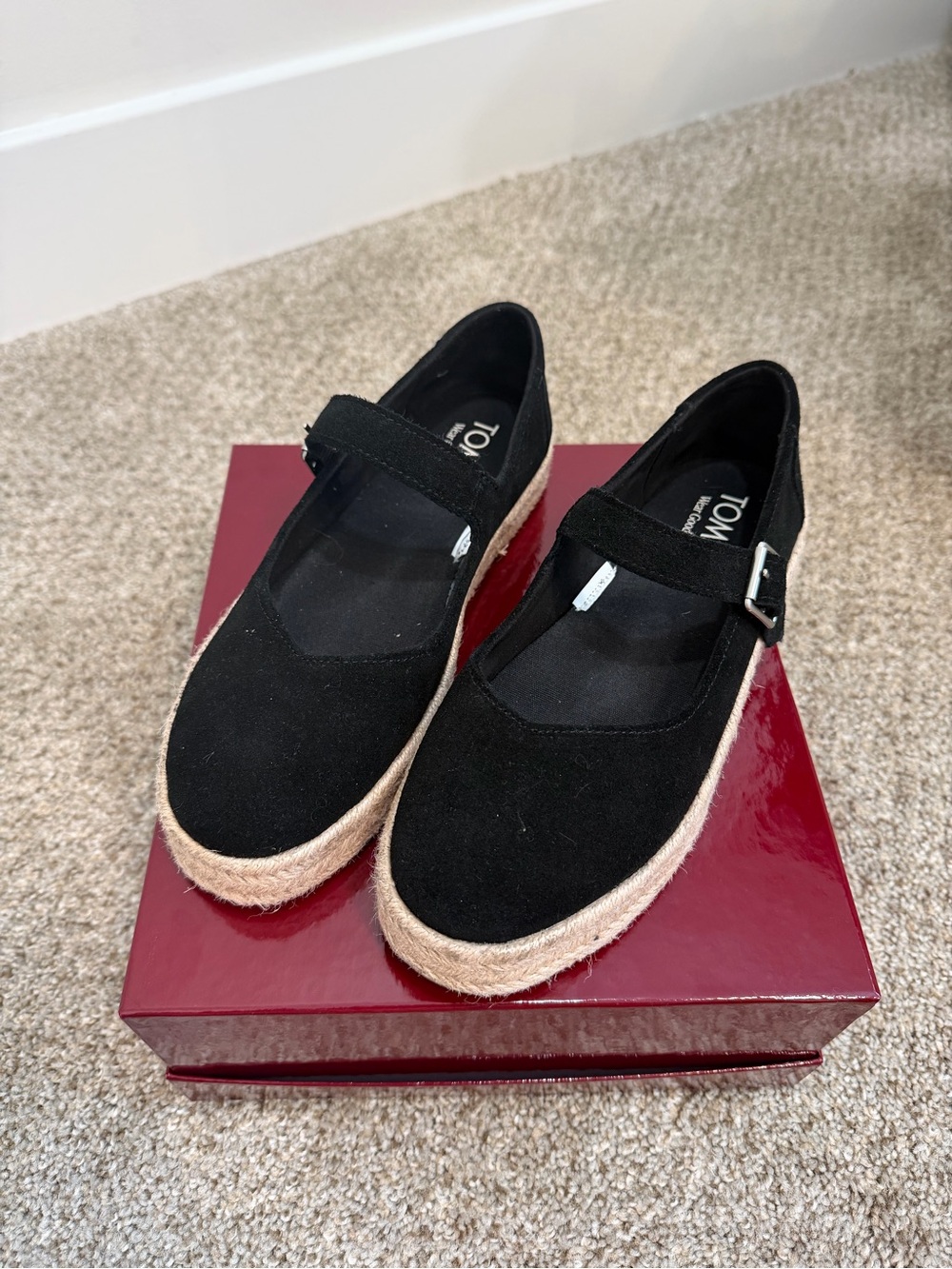 Toms Black Suede Mary Jane Espadrille Platform Flats